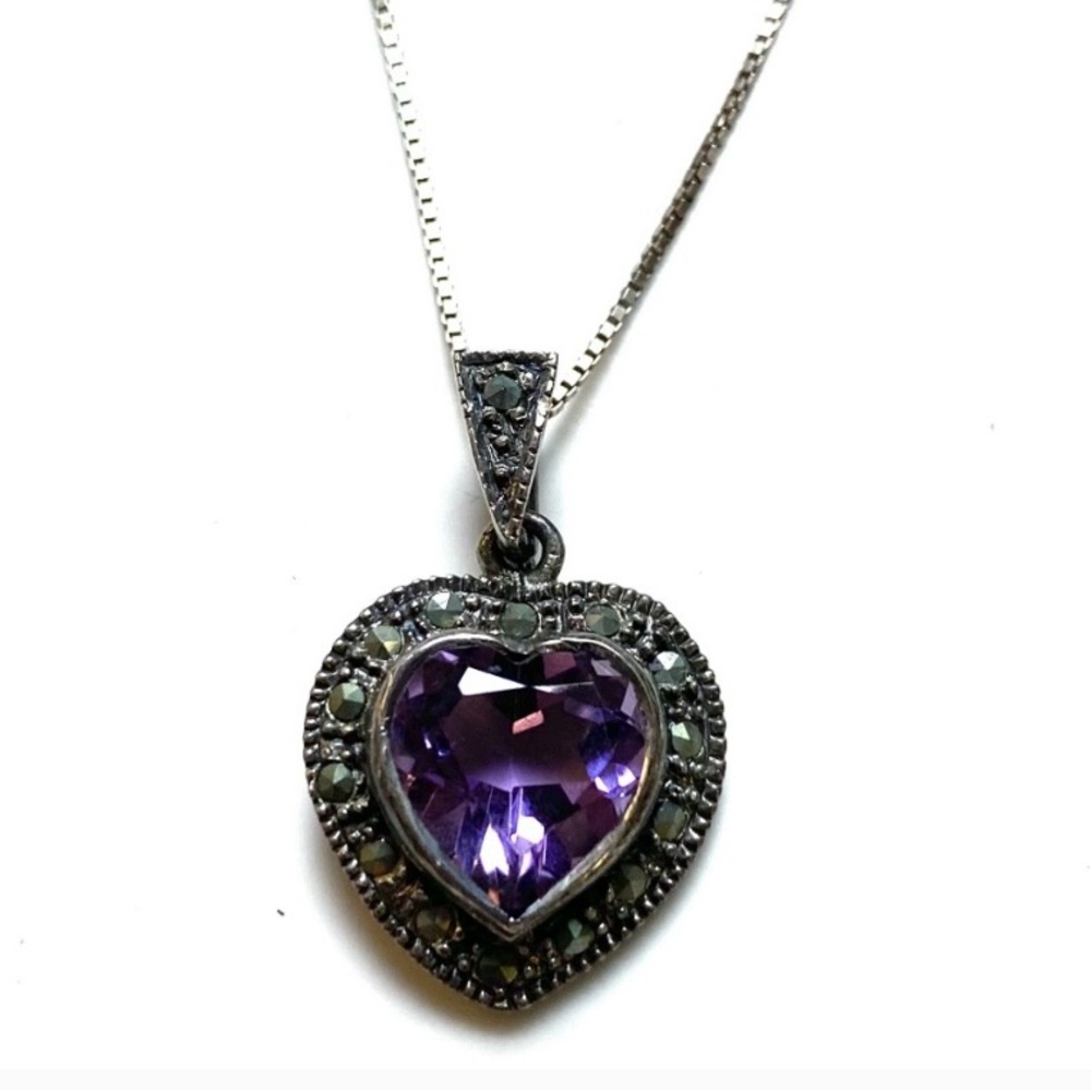 Sterling Silver Marcasite & Amethyst Heart Necklace